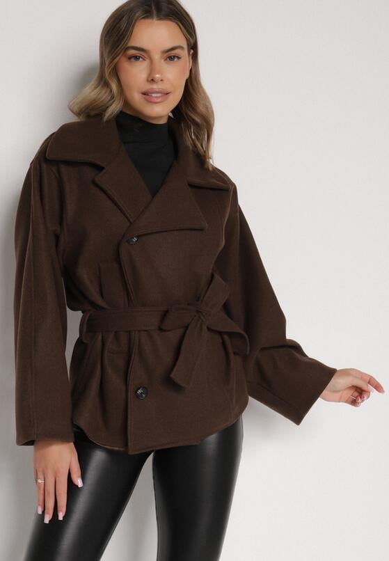 Brązowy Krótki Płaszcz z Wiskozą o Pudełkowym Kroju z Wiązanym Paskiem i Kołnierzem Tusilia 1