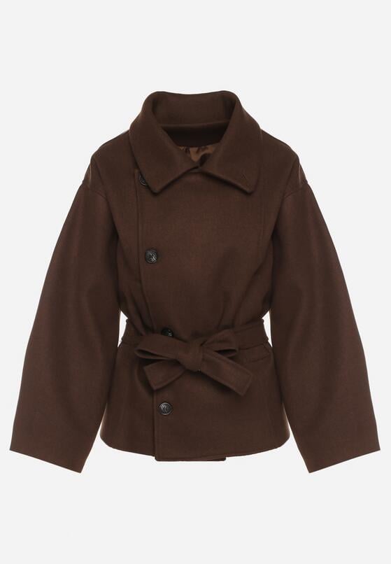 Brązowy Krótki Płaszcz z Wiskozą o Pudełkowym Kroju z Wiązanym Paskiem i Kołnierzem Tusilia 6