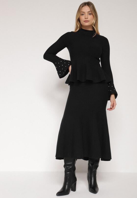 Czarny Dzianinowy Komplet z Wiskozą Spódnica i Sweter z Baskinką i Cyrkoniami Neora 2