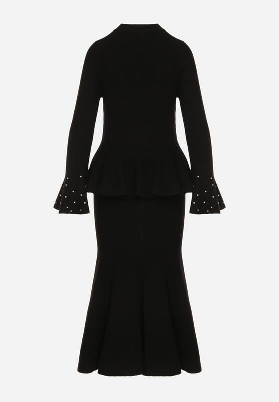 Czarny Dzianinowy Komplet z Wiskozą Spódnica i Sweter z Baskinką i Cyrkoniami Neora 7