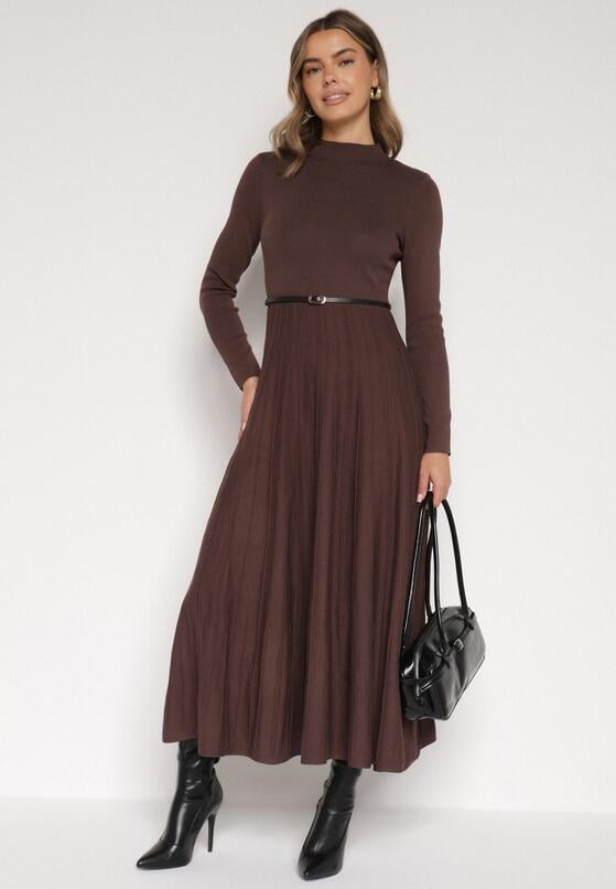 Brązowa Rozkloszowana Sukienka z Dzianiny z Wiskozą z Długim Rękawem i Paskiem Tusmina 2