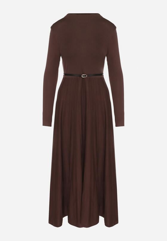 Brązowa Rozkloszowana Sukienka z Dzianiny z Wiskozą z Długim Rękawem i Paskiem Tusmina 6