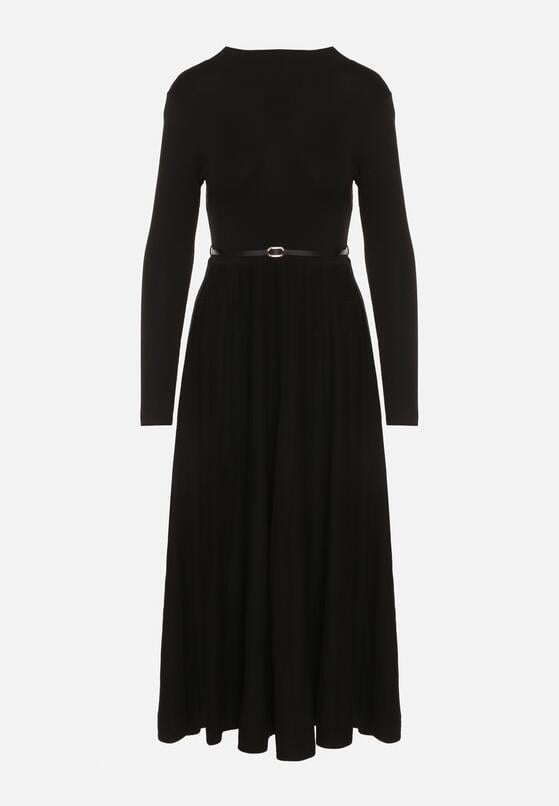 Czarna Rozkloszowana Sukienka z Dzianiny z Wiskozą z Długim Rękawem i Paskiem Tusmina 6