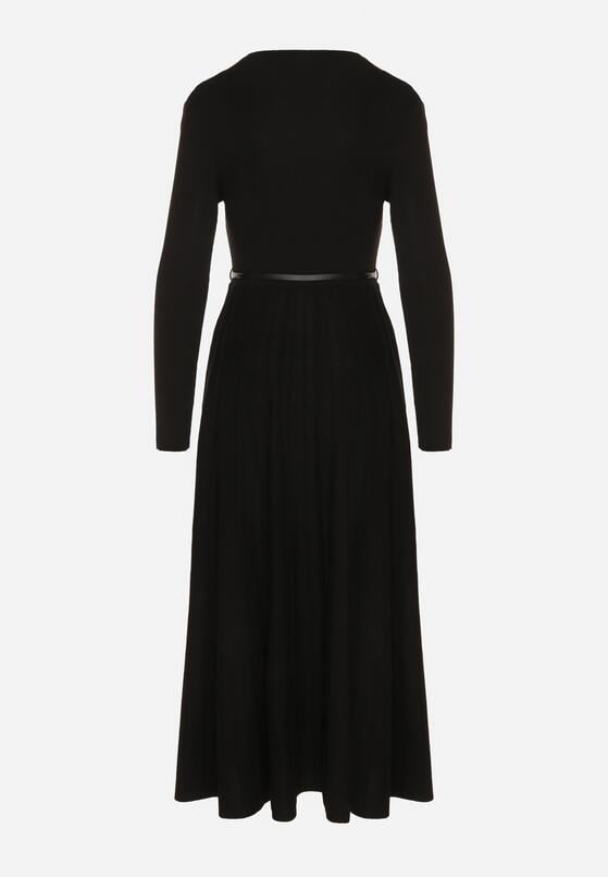 Czarna Rozkloszowana Sukienka z Dzianiny z Wiskozą z Długim Rękawem i Paskiem Tusmina 7