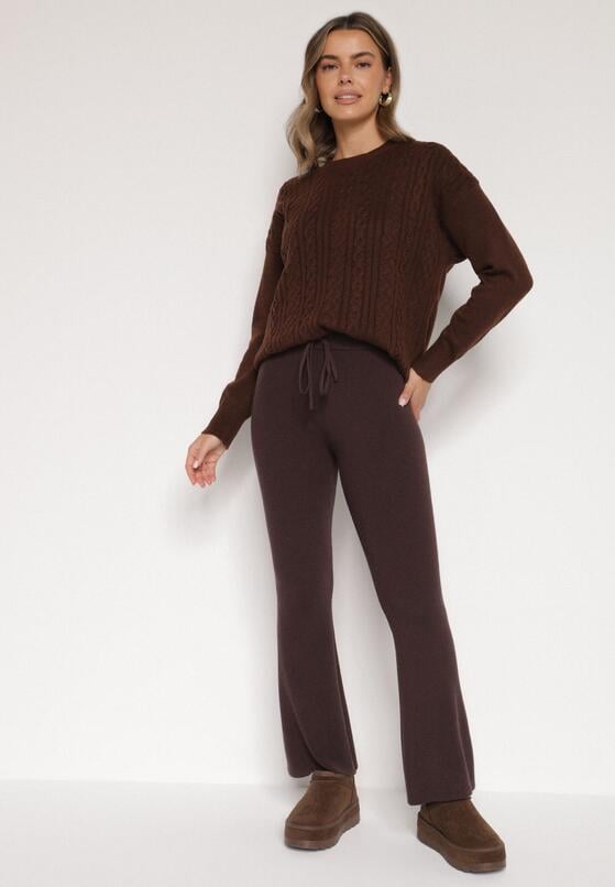 Brązowe Spodnie Dzwony z Dzianiny z Wiskozą Zetiva 4