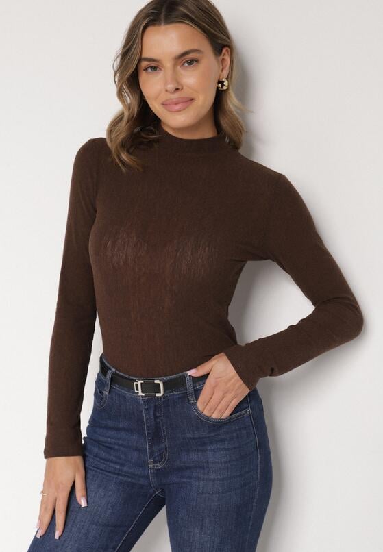 Brązowa Bluzka Longsleeve z Półgolfem z Półtransparentnej Tkaniny z Wiskozą Tuseana 1