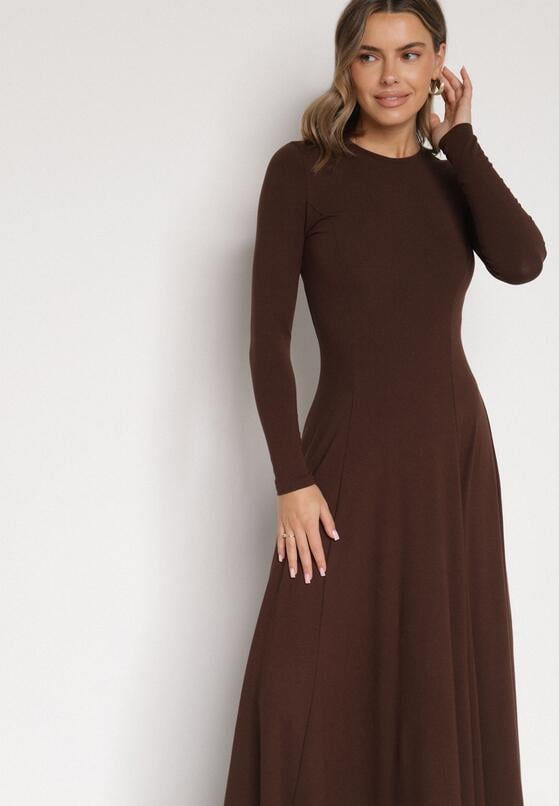 Brązowa Bawełniana Sukienka o Rozkloszowanym Kroju Tuselenea 4