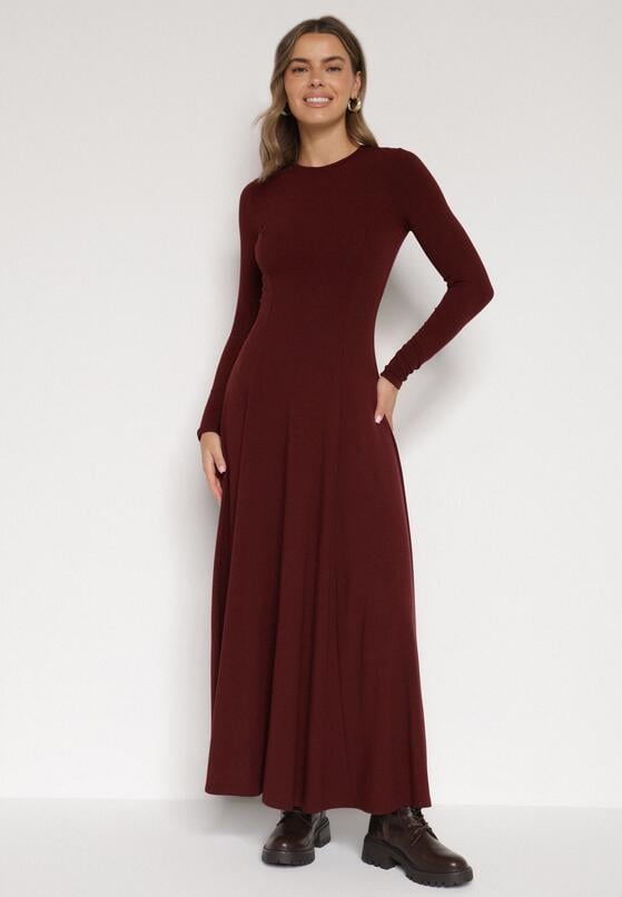 Bordowa Bawełniana Sukienka o Rozkloszowanym Kroju Tuselenea 2