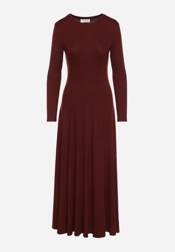 Bordowa Bawełniana Sukienka o Rozkloszowanym Kroju Tuselenea 6