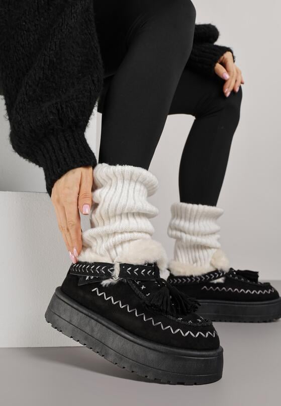 Czarne Śniegowce na Grubej Podeszwie z Frędzlami i Haftem Linodis 2