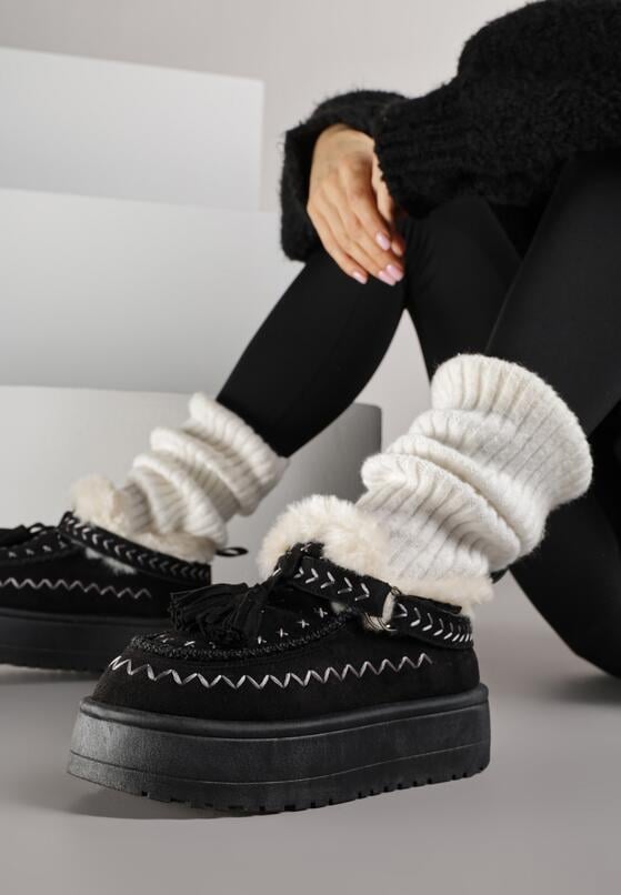 Czarne Śniegowce na Grubej Podeszwie z Frędzlami i Haftem Linodis 1