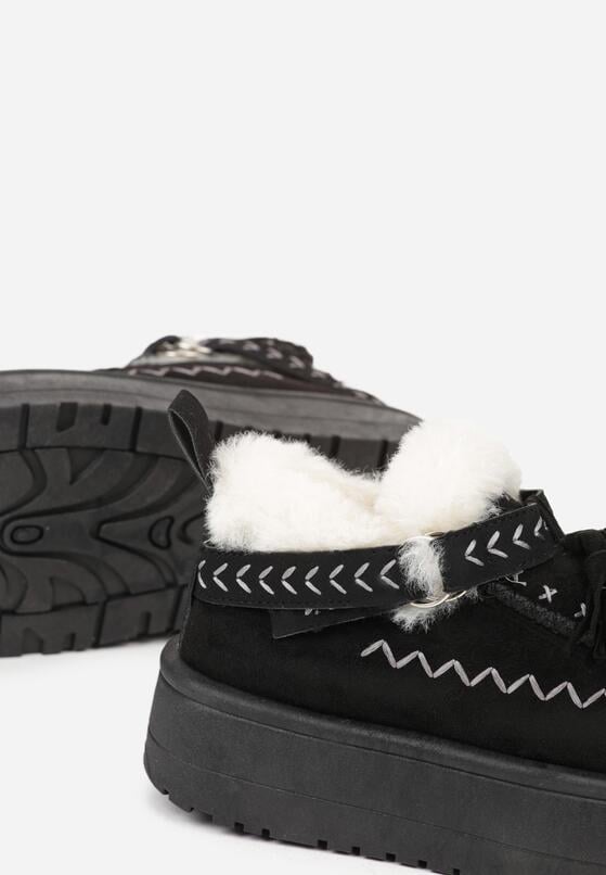 Czarne Śniegowce na Grubej Podeszwie z Frędzlami i Haftem Linodis 6