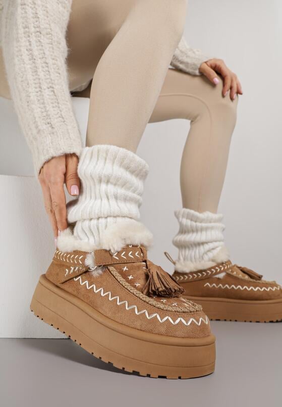 Brązowe Śniegowce na Grubej Podeszwie z Frędzlami i Haftem Linodis 2