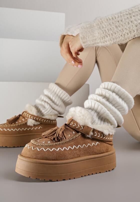 Brązowe Śniegowce na Grubej Podeszwie z Frędzlami i Haftem Linodis 1