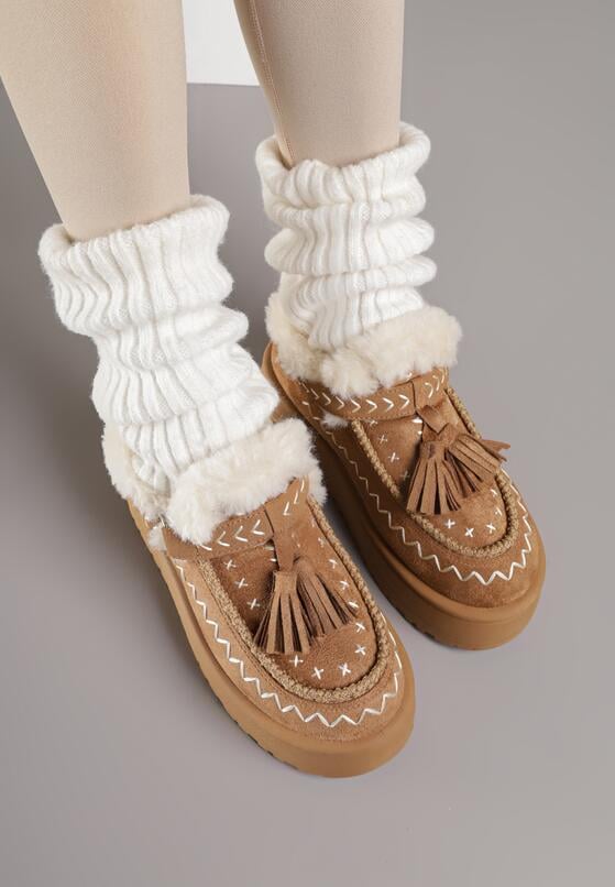 Brązowe Śniegowce na Grubej Podeszwie z Frędzlami i Haftem Linodis 3