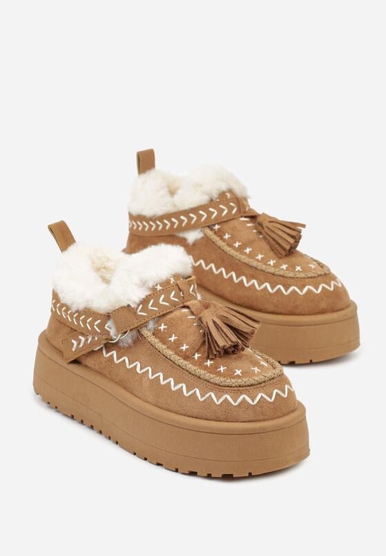 Brązowe Śniegowce na Grubej Podeszwie z Frędzlami i Haftem Linodis 5