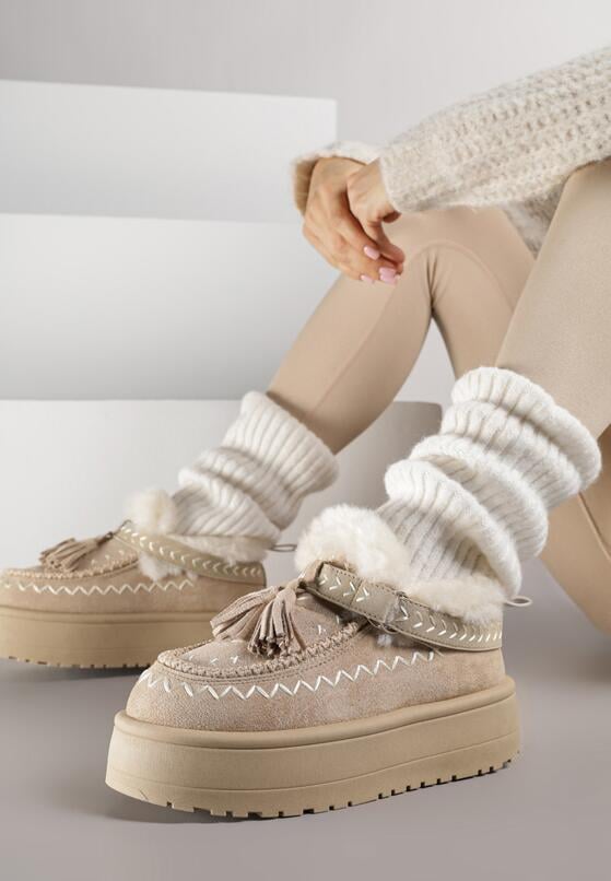 Beżowe Śniegowce na Grubej Podeszwie z Frędzlami i Haftem Linodis 1