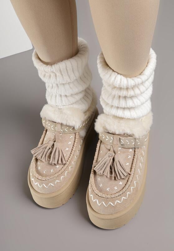 Beżowe Śniegowce na Grubej Podeszwie z Frędzlami i Haftem Linodis 3
