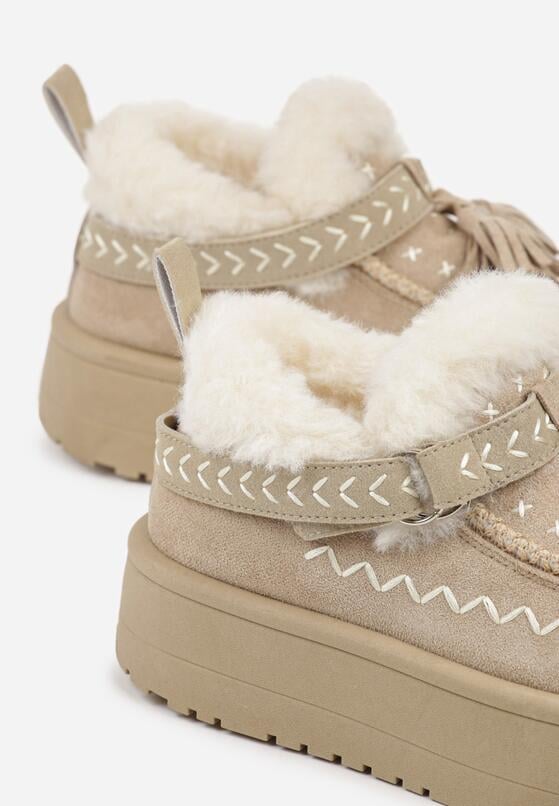 Beżowe Śniegowce na Grubej Podeszwie z Frędzlami i Haftem Linodis 6