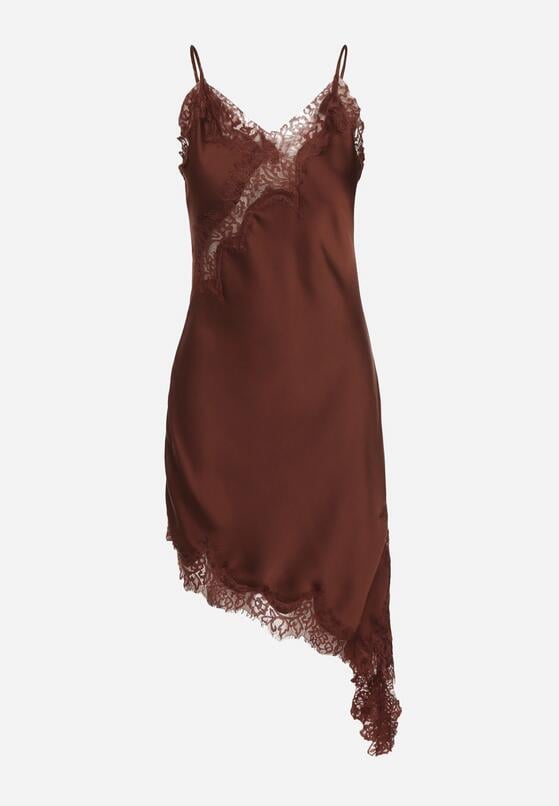 Brązowa Asymetryczna Sukienka z Satyny Ozdobiona Koronką Monivea 6