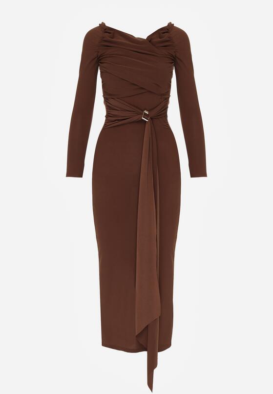 Brązowa Dopasowana Sukienka z Ozdobnym Marszczeniem Trenem i Rozcięciem Alutria 6