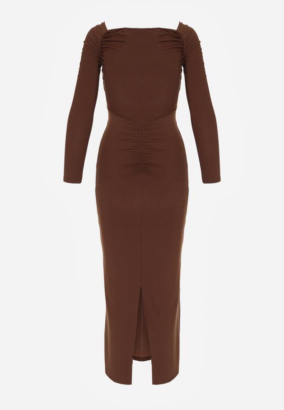 Brązowa Dopasowana Sukienka z Ozdobnym Marszczeniem Trenem i Rozcięciem Alutria 7
