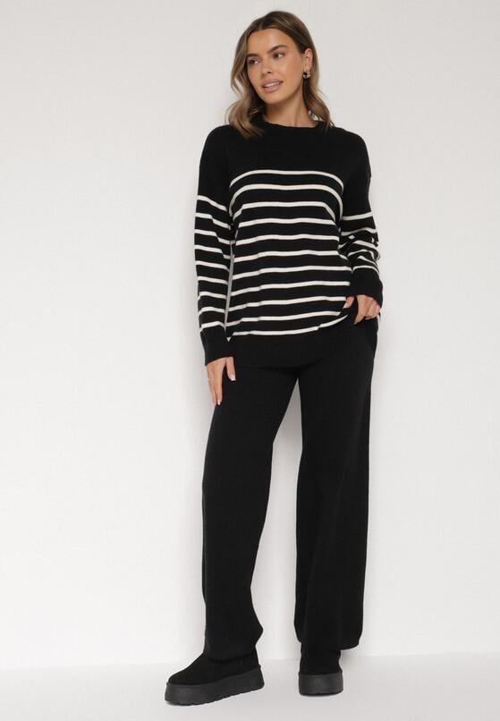 Czarny Komplet z Wełną i Bawełną Sweter w Paski i Szerokie Spodnie Neveena 1