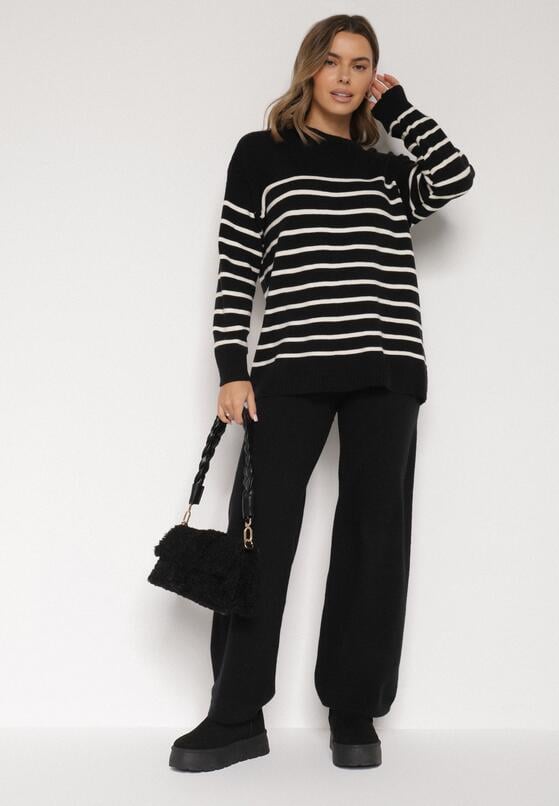 Czarny Komplet z Wełną i Bawełną Sweter w Paski i Szerokie Spodnie Neveena 2