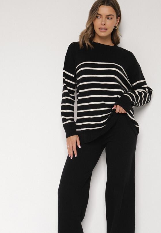 Czarny Komplet z Wełną i Bawełną Sweter w Paski i Szerokie Spodnie Neveena 5