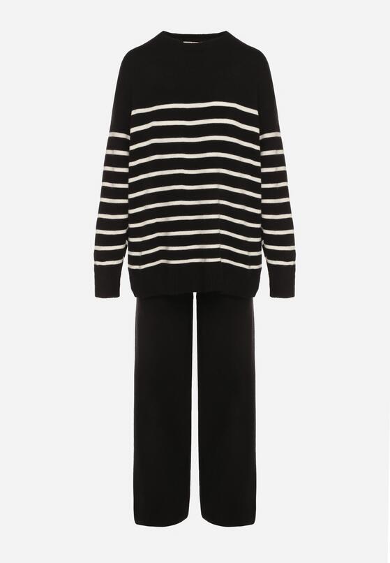 Czarny Komplet z Wełną i Bawełną Sweter w Paski i Szerokie Spodnie Neveena 6