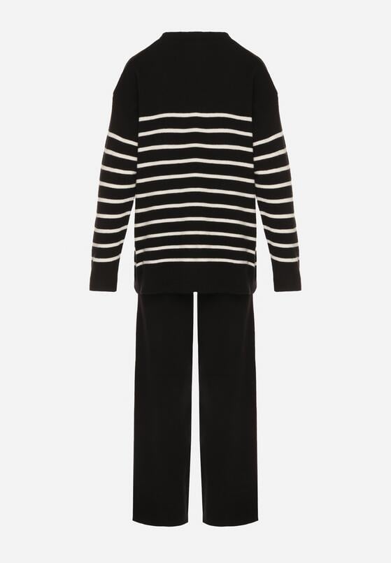 Czarny Komplet z Wełną i Bawełną Sweter w Paski i Szerokie Spodnie Neveena 7