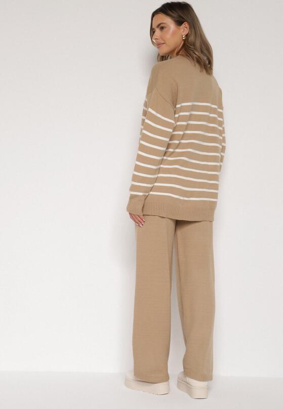 Ciemnobeżowy Komplet z Wełną i Bawełną Sweter w Paski i Szerokie Spodnie Neveena 3