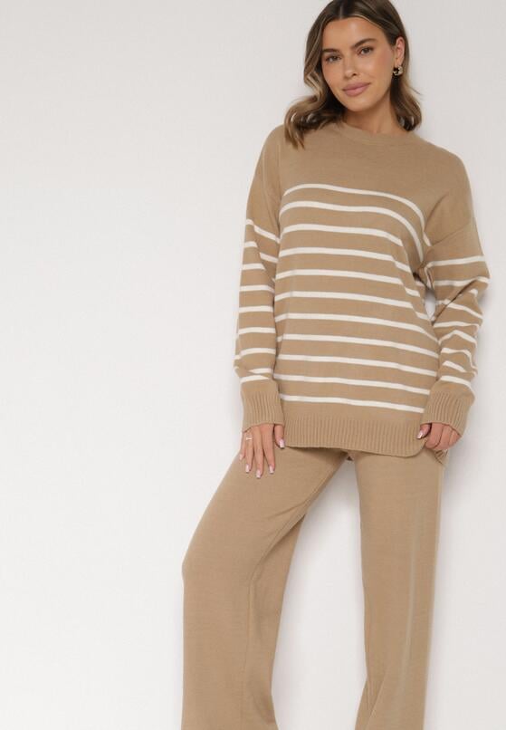 Ciemnobeżowy Komplet z Wełną i Bawełną Sweter w Paski i Szerokie Spodnie Neveena 5