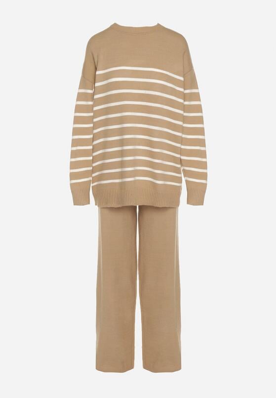 Ciemnobeżowy Komplet z Wełną i Bawełną Sweter w Paski i Szerokie Spodnie Neveena 6