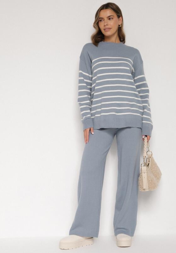 Niebieski Komplet z Wełną i Bawełną Sweter w Paski i Szerokie Spodnie Neveena 2
