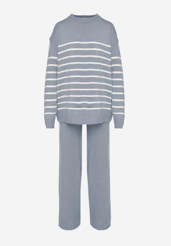 Niebieski Komplet z Wełną i Bawełną Sweter w Paski i Szerokie Spodnie Neveena 6