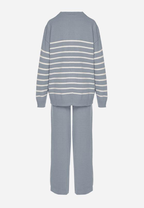 Niebieski Komplet z Wełną i Bawełną Sweter w Paski i Szerokie Spodnie Neveena 7
