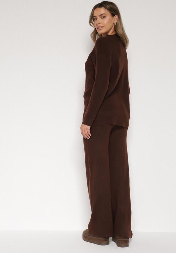 Brązowy Dzianinowy Komplet z Bawełną i Wełną Długi Sweter i Szerokie Spodnie Reinesa 3