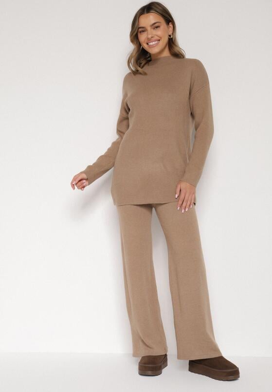 Ciemnobeżowy Dzianinowy Komplet z Bawełną i Wełną Długi Sweter i Szerokie Spodnie Reinesa 2