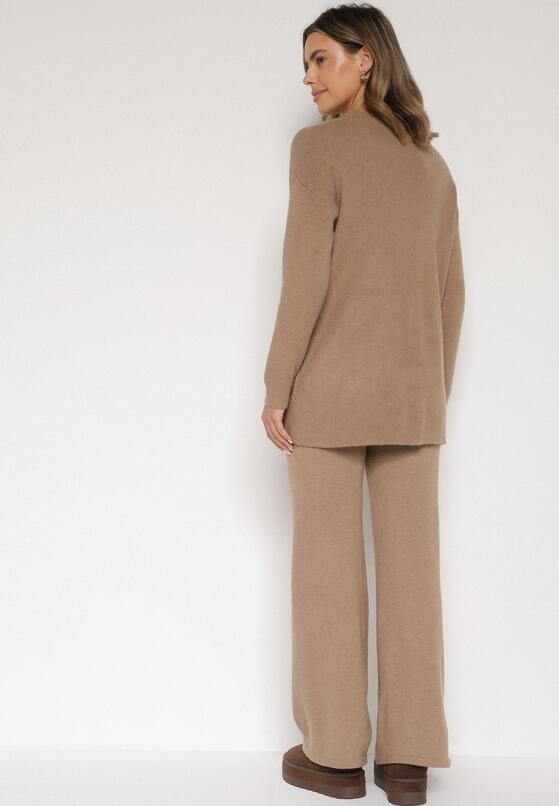 Ciemnobeżowy Dzianinowy Komplet z Bawełną i Wełną Długi Sweter i Szerokie Spodnie Reinesa 3