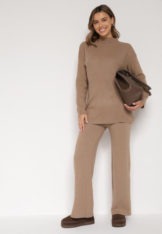 Ciemnobeżowy Dzianinowy Komplet z Bawełną i Wełną Długi Sweter i Szerokie Spodnie Reinesa 4