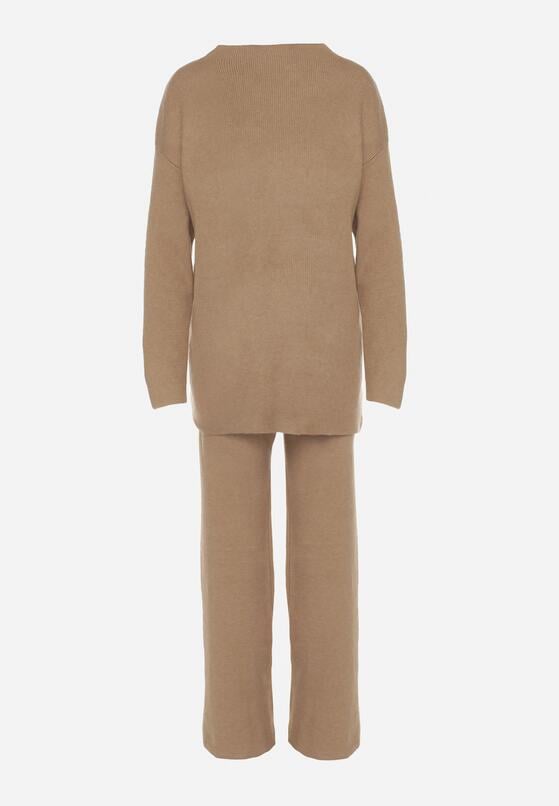 Ciemnobeżowy Dzianinowy Komplet z Bawełną i Wełną Długi Sweter i Szerokie Spodnie Reinesa 6
