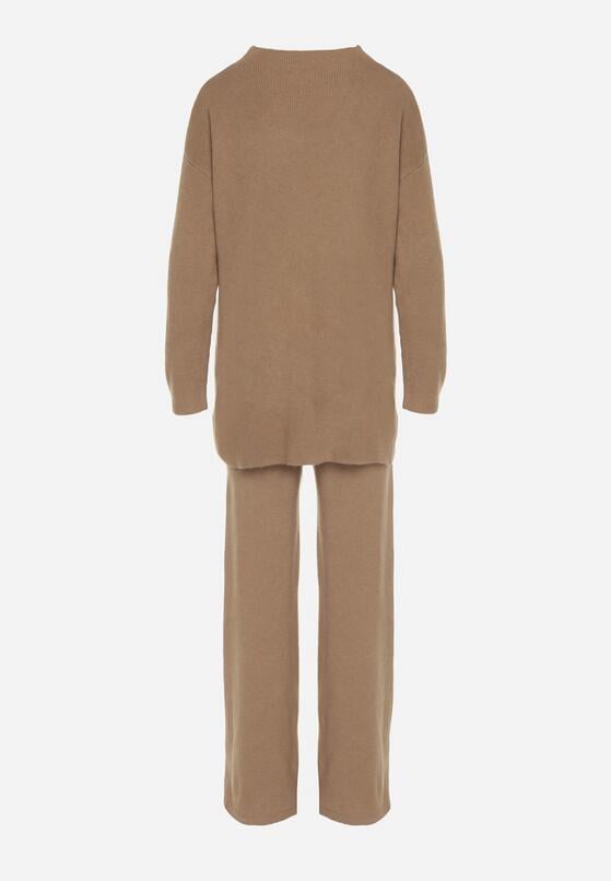 Ciemnobeżowy Dzianinowy Komplet z Bawełną i Wełną Długi Sweter i Szerokie Spodnie Reinesa 7