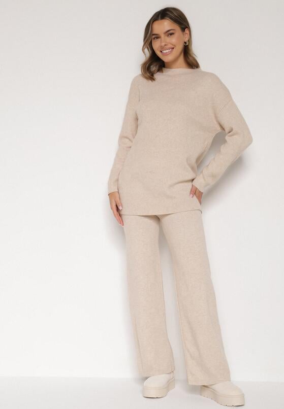 Beżowy Dzianinowy Komplet z Bawełną i Wełną Długi Sweter i Szerokie Spodnie Reinesa 1