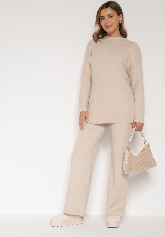 Beżowy Dzianinowy Komplet z Bawełną i Wełną Długi Sweter i Szerokie Spodnie Reinesa 2