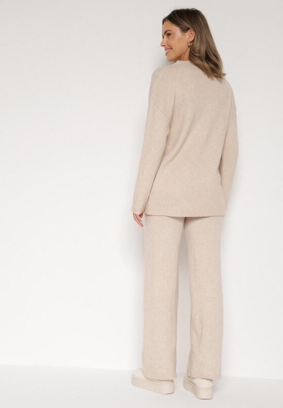 Beżowy Dzianinowy Komplet z Bawełną i Wełną Długi Sweter i Szerokie Spodnie Reinesa 3
