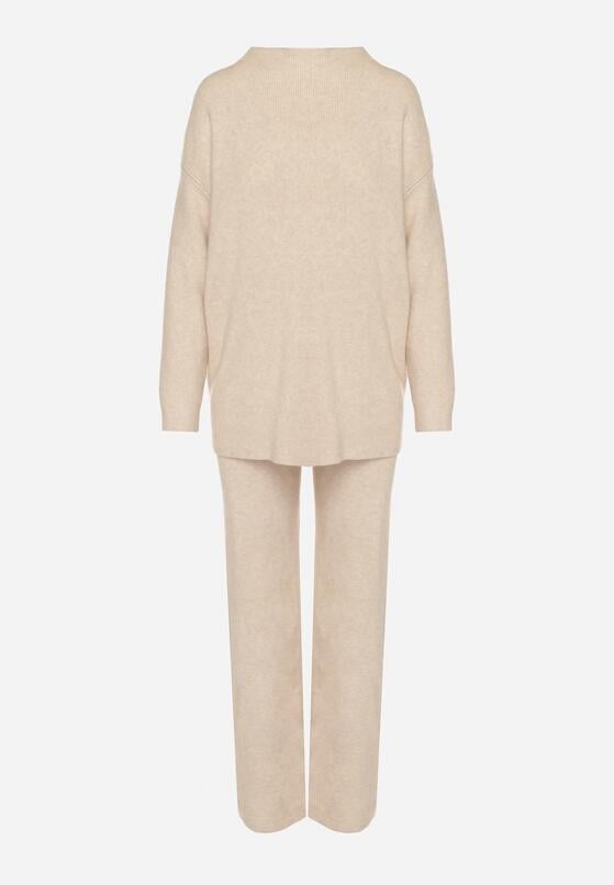 Beżowy Dzianinowy Komplet z Bawełną i Wełną Długi Sweter i Szerokie Spodnie Reinesa 6