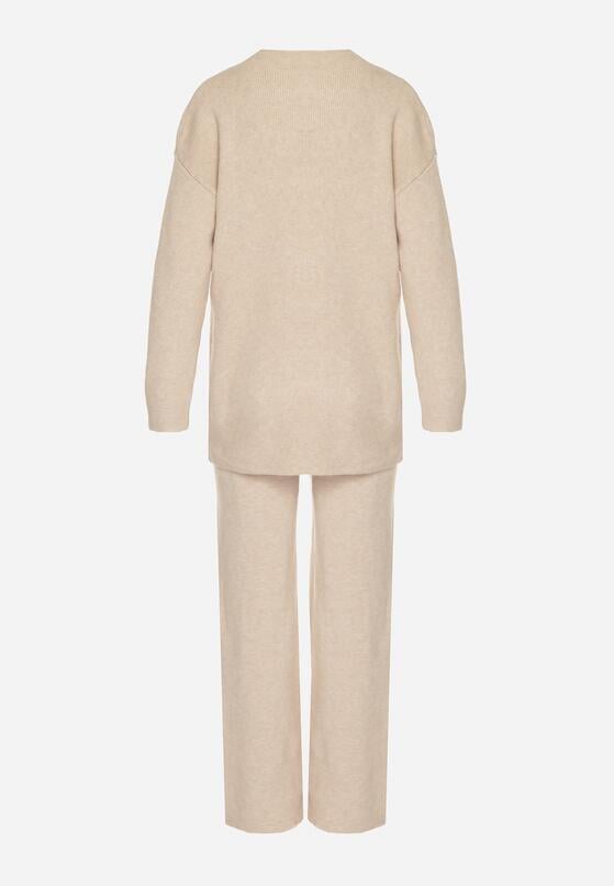 Beżowy Dzianinowy Komplet z Bawełną i Wełną Długi Sweter i Szerokie Spodnie Reinesa 7