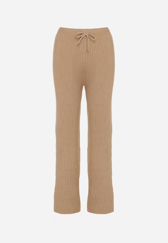 Beżowe Prążkowane Spodnie z Wełną o Szerokim Kroju z Wysokim Stanem Reinnia 6