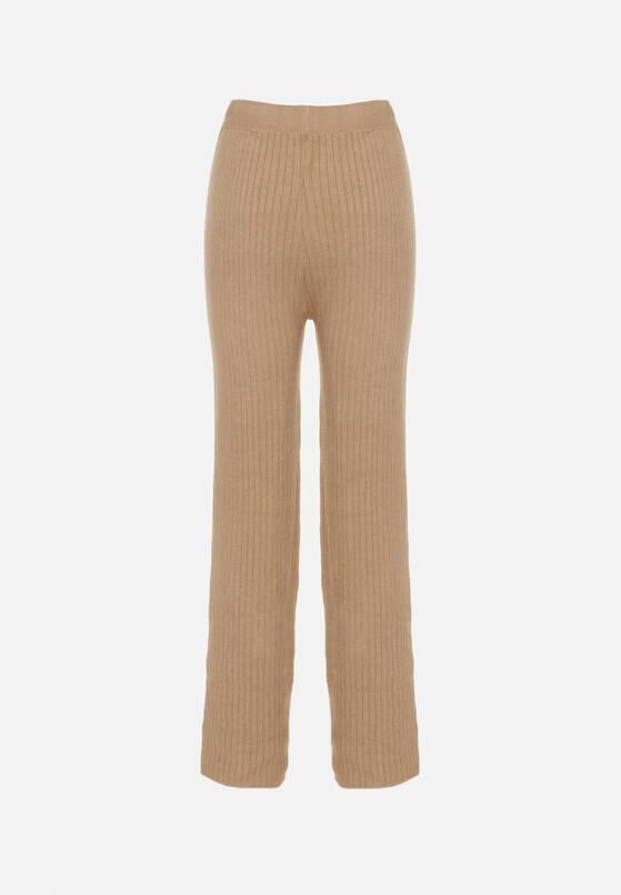 Beżowe Prążkowane Spodnie z Wełną o Szerokim Kroju z Wysokim Stanem Reinnia 7